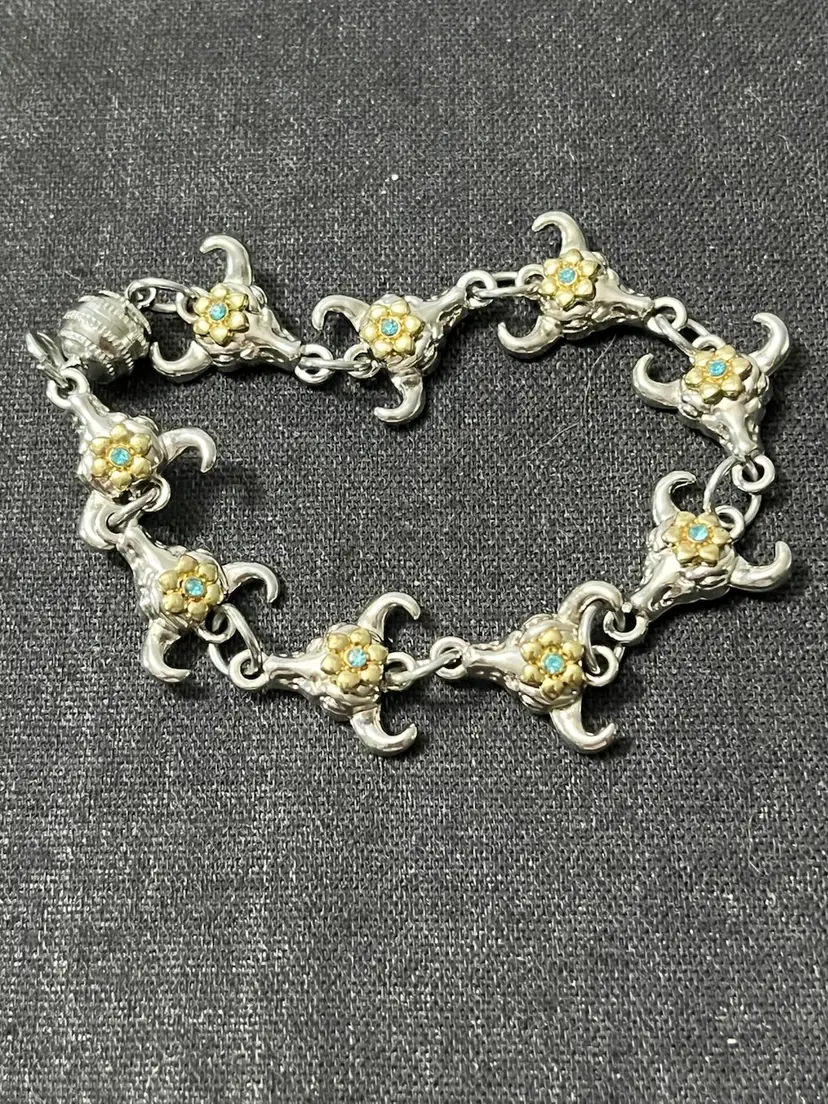 Silvertone Longhorn Yellow Floral Bracelet 7”
