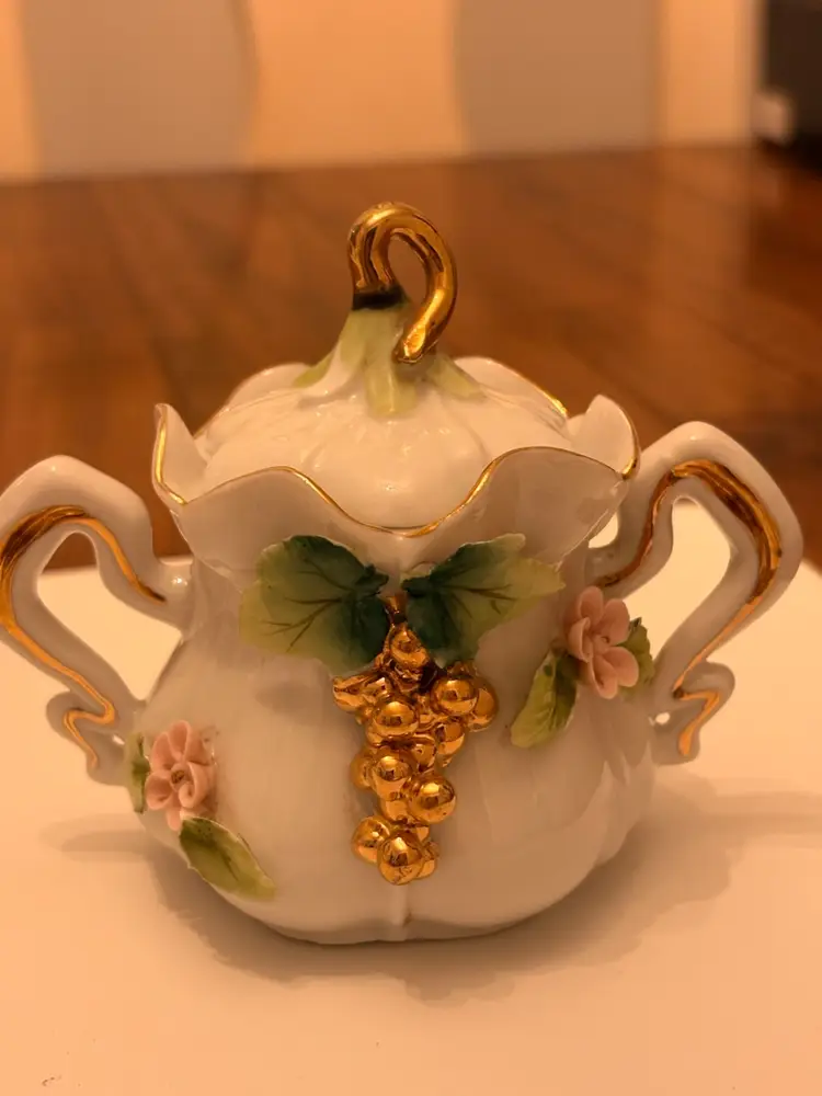 Vintage Japan Porcelain Applied Floral & Fruit Miniature Sugar Bowl