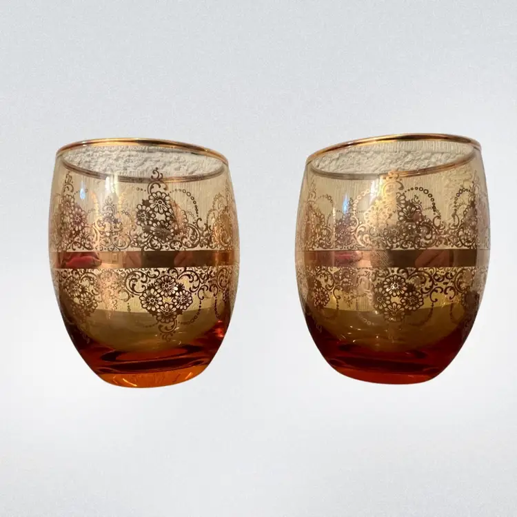 Pair Of Beautiful Dogi’s Murano Roly Poly Bar Glasses 22k Gold Lacy Trim Italian Art Glass