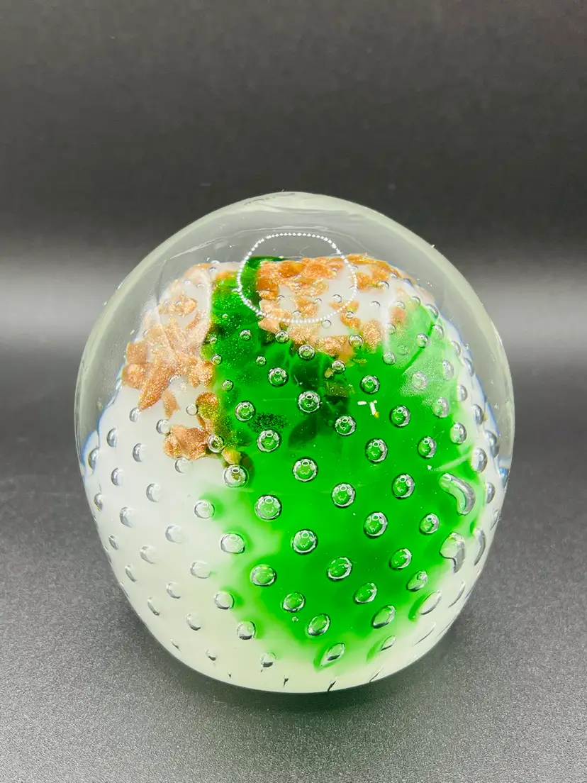 Large Handblown Green And White Paperweight
