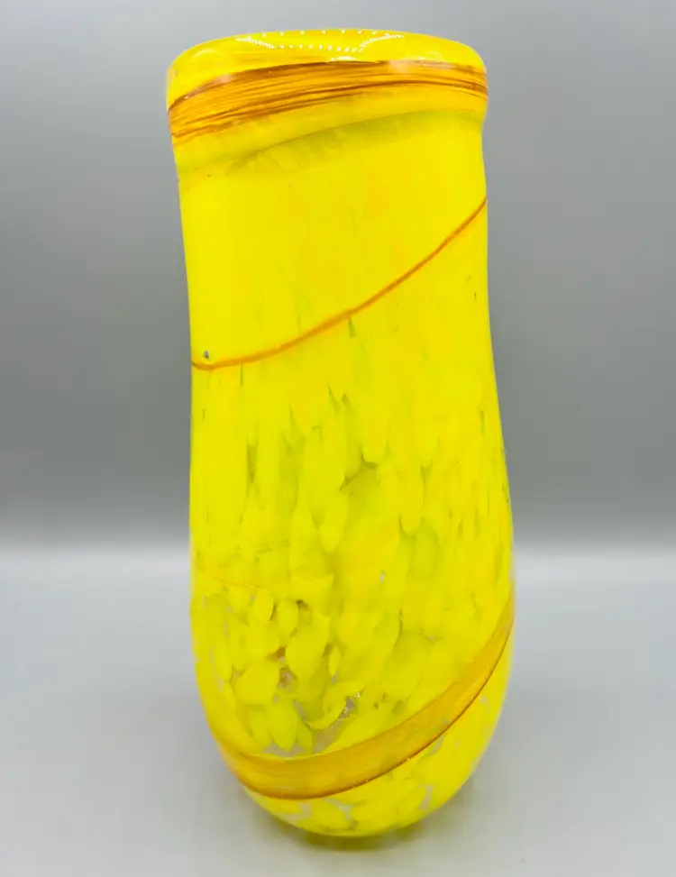 Yellow Hand blown Art Glass Vase With Vine Etching Signed