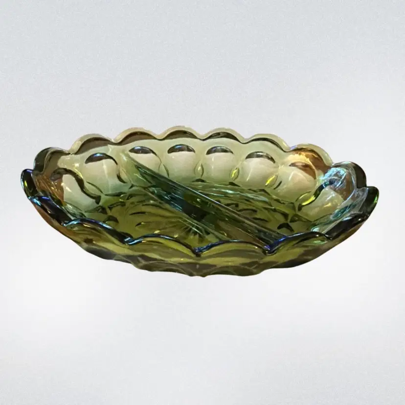 Anchor Hocking Vintage 70s Fairfield Pattern Green Divided Relish Dish Tableware