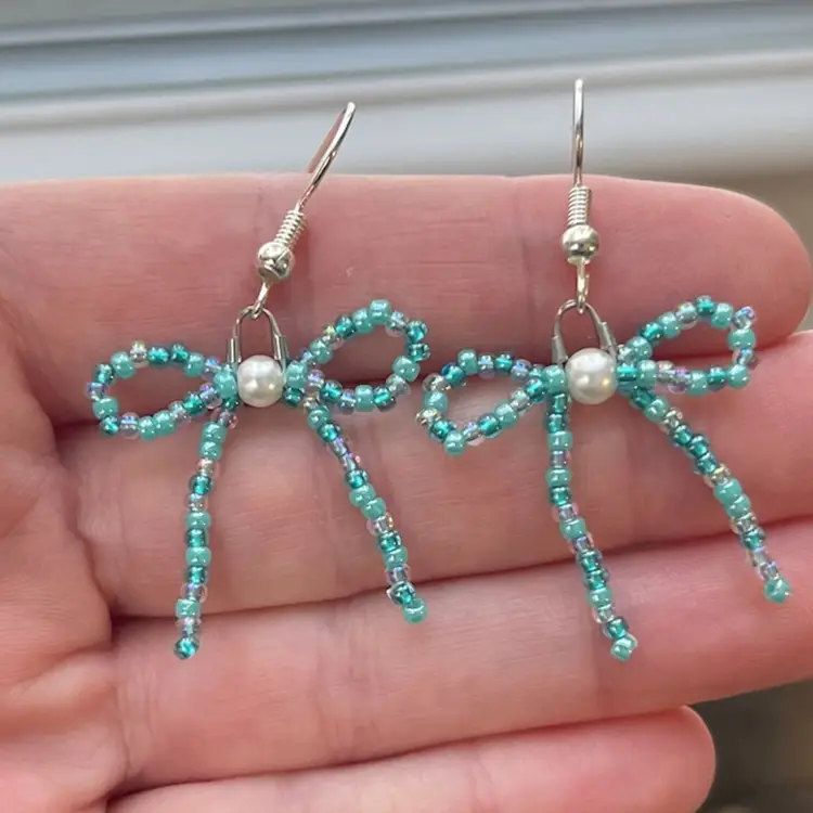 Handmade By Me - Seed Bead Bow Earrings, Light Blue Winter Mix Seed Bead Earrings With Faux Pearl Center, Handmade Earrings, Made By NN Artist