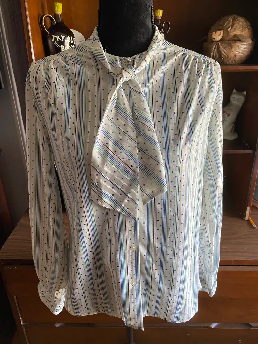 Vintage Cedar Hill Long Sleeve Polyester Off White Brown, Blue, Green Stripe & Dot Button Up Blouse Large