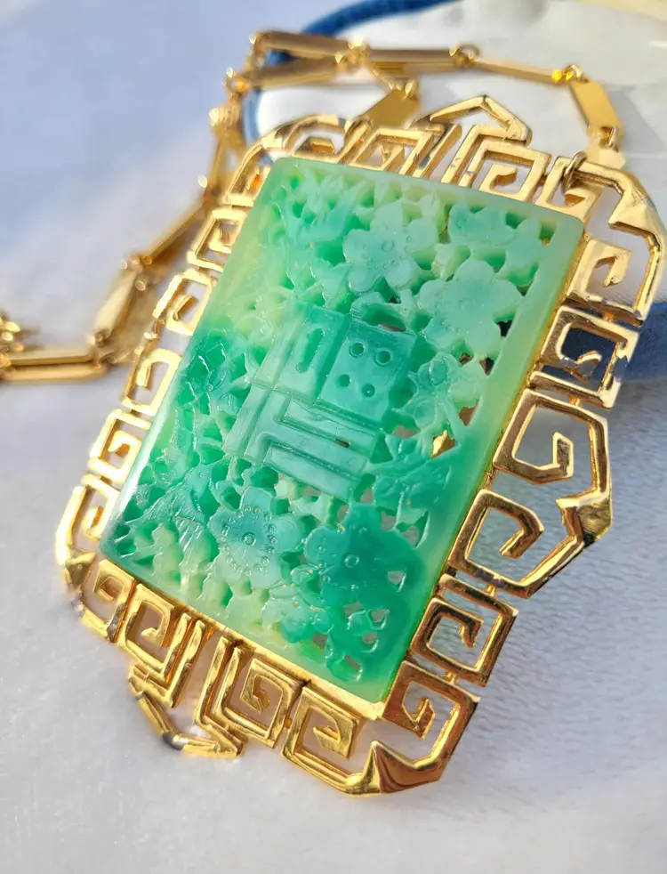 Vintage Vendome Asian Faux Green Jade Gold Tone Square Huge Pendant Necklace