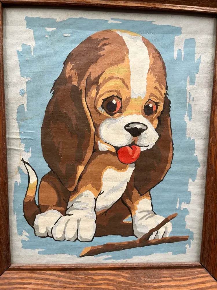 Hand Painted Bassett Hound Puppy Framed Artwork 11.5”🐶