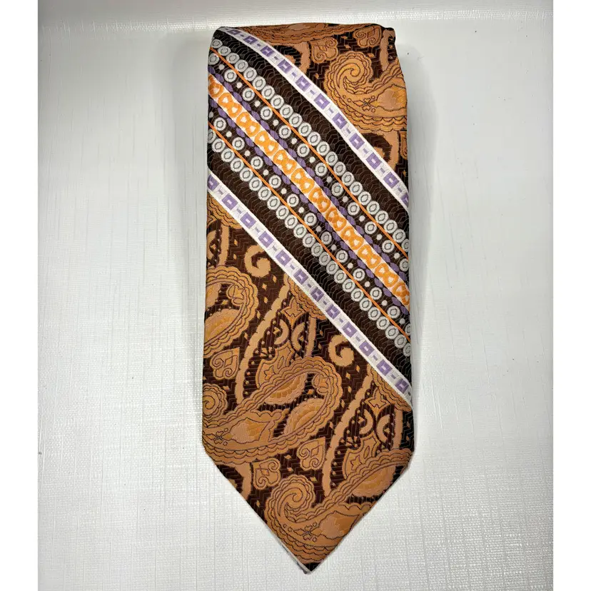 Sears Mens Store Paisley Necktie Textured Stripe Orange Brown Business Work Retro Vintage