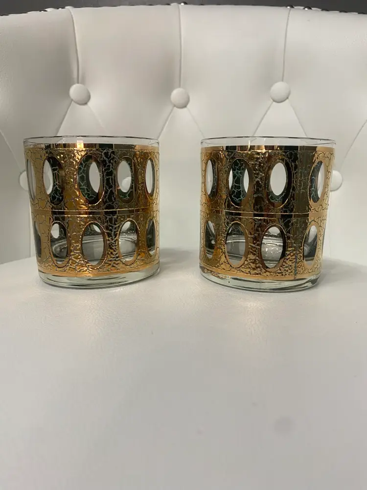 Vintage MCM CULVER Ltd Antiqua 22K Rocks Whisky Glasses Gold & Green Breweriana