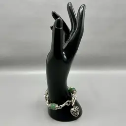 Green Stone Beaded Charm Bracelet Celtic Knot Heart Silver Tone Toggle 7.5"