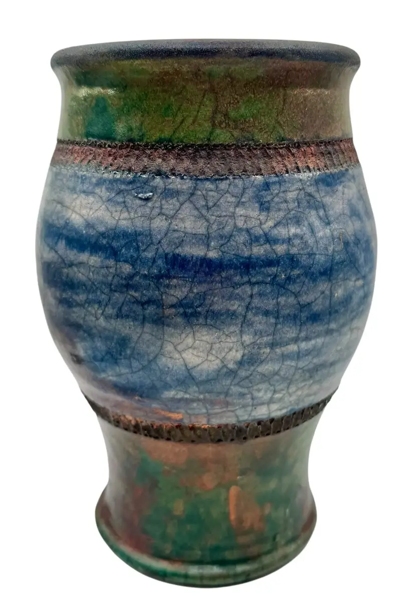 Signed Raku Studio Art Pottery Vase Green Blue Copper Metallic Textured 7.5”