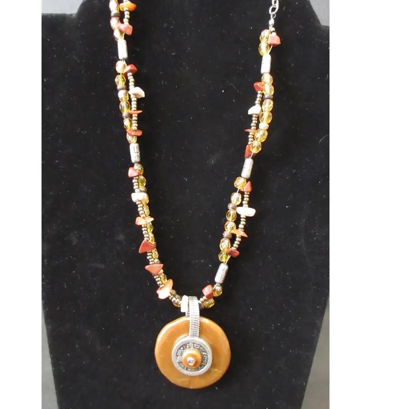 Retro Chico's Big & Chunky Designer Pendant Necklace with Jasper and Agate Nuggets, Acrylic Beads and Chinese Coins - 18 Inches Long BOHO
