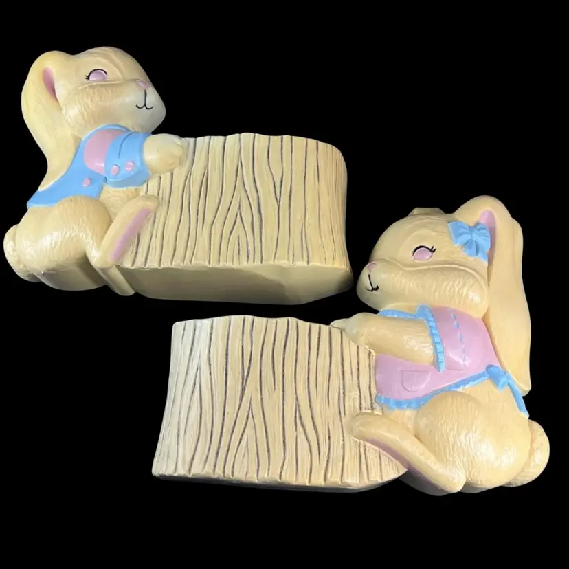 Vintage Bunny Wall Pocket Set Girl Boy Rabbit Wall Pocket Holder Hanging Decor Set Burwood USA 1990