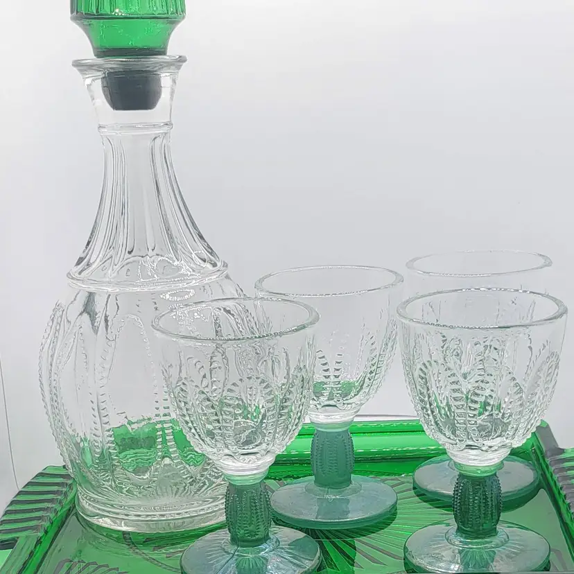 Vintage Avon Emerald Green Glass Decanter Set with Tray and 4 Cordial Glasses