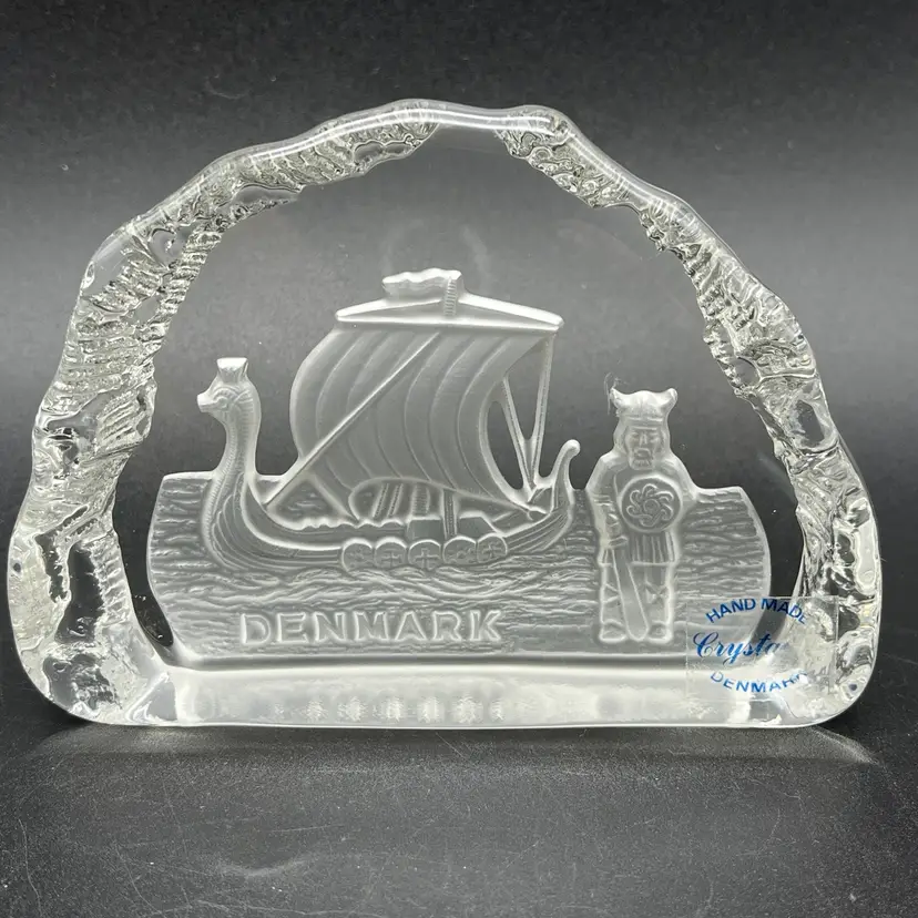 Lead Crystal Paperweight Denmark Viking Ship 3.5” X 5” Rock Shape *read