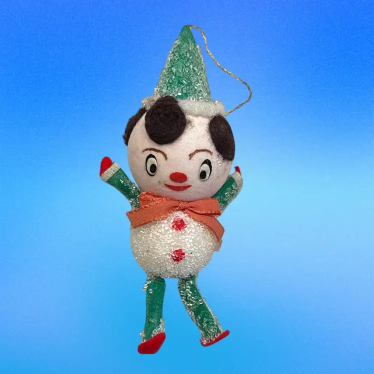 Vintage MCM Mica Putz Spun Cotton Sugared Snowman w/ Hat Ornament 5.5”