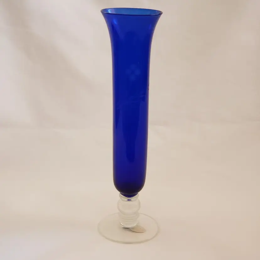 Art Glass Cobalt Blue Bud Flower Vase Etched Berries & Leaves 8"Tall Vintage