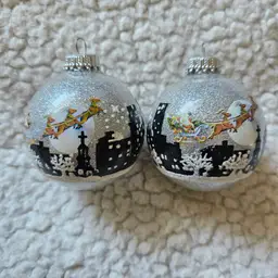 Christmas By Krebs Glass Ornaments Santa Flying Over A City Clear Silver Glitter