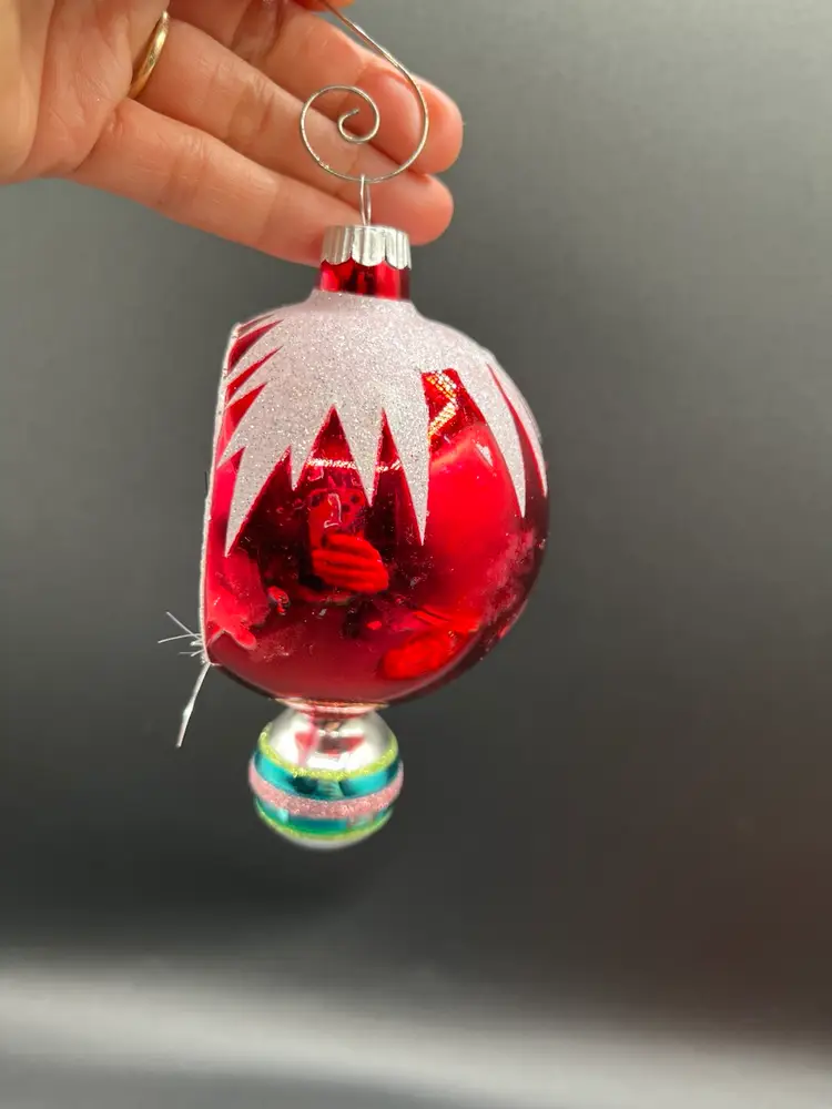 Vintage Christopher Radko Red Blue Shiny Brite Rudolph Reindeer Diorama 5” Christmas Glass Ornament 5” 🦌