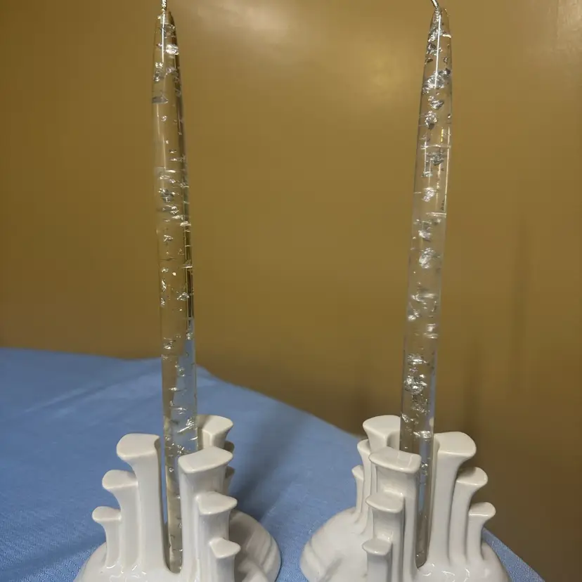 Lucite taper candles filled with silver flecks Clear Lucite 10” tall