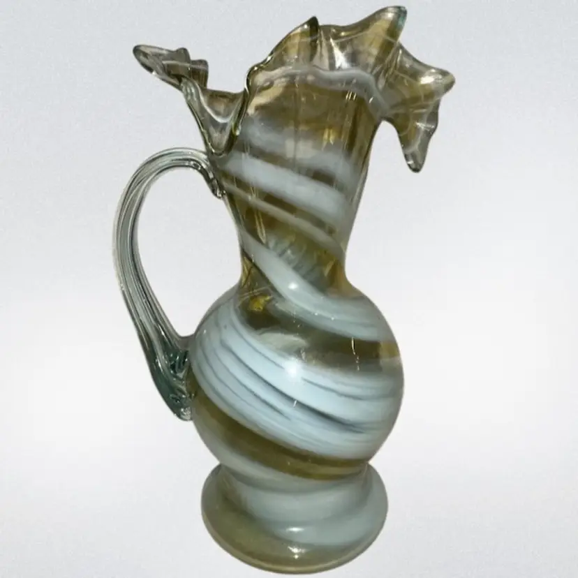 Art Glass Pitcher Vase Swirl handkerchief ruffle  6 3/4”