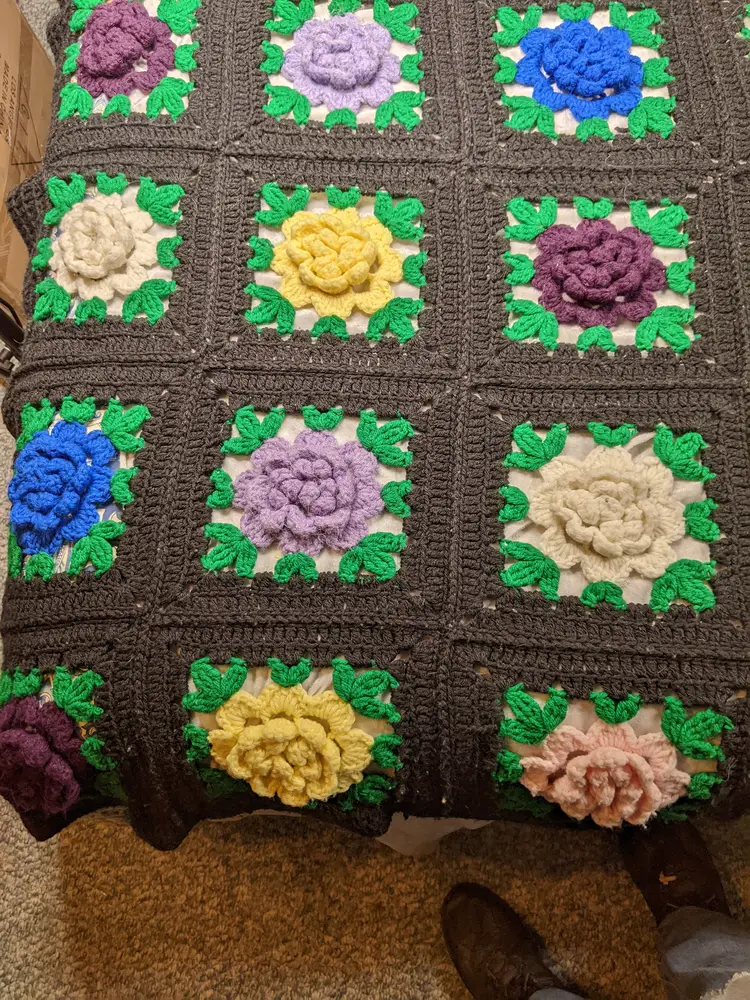 Handmade Crochet Afghan Granny Squares 3 D Roses Black Multi Color Blanket Throw 62"x84"Gothic Witchy Decor