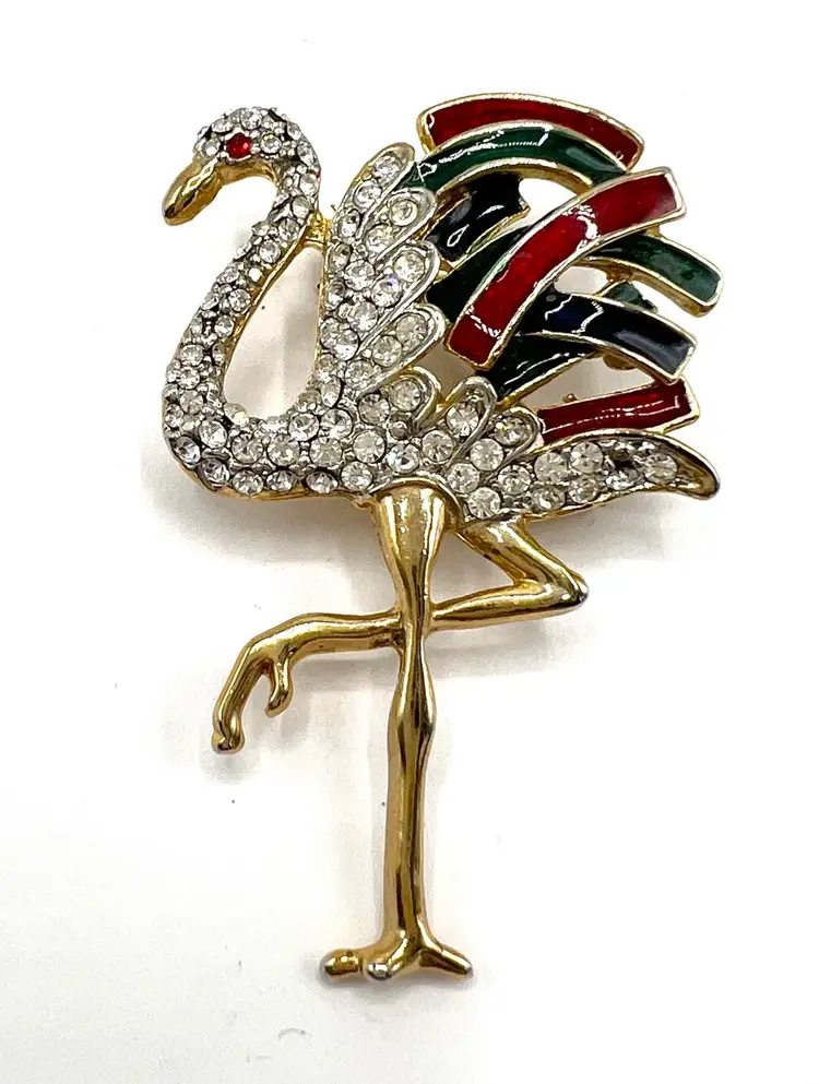 Rhinestone Flamingo Brooch Pendant, Clear Rhinestone Body, Red Green Enamel Feathers, Long Legs, Red Eye Pin