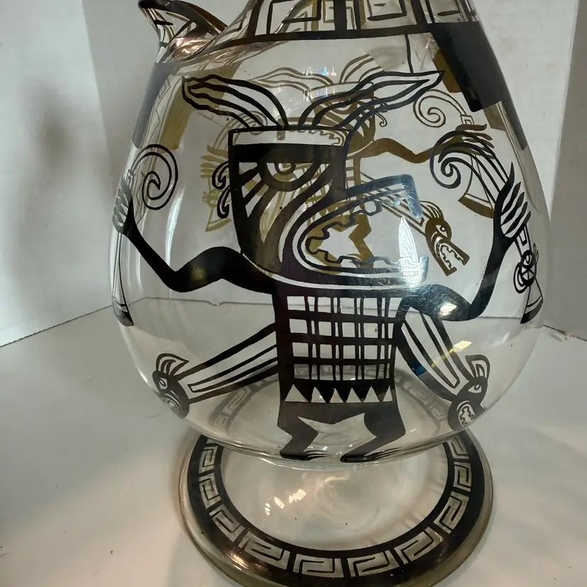 RARE Mid Century ,Clear Glass ,Mayan, Peruvian, Indigenous People Silver Overlay Brandy Snifter