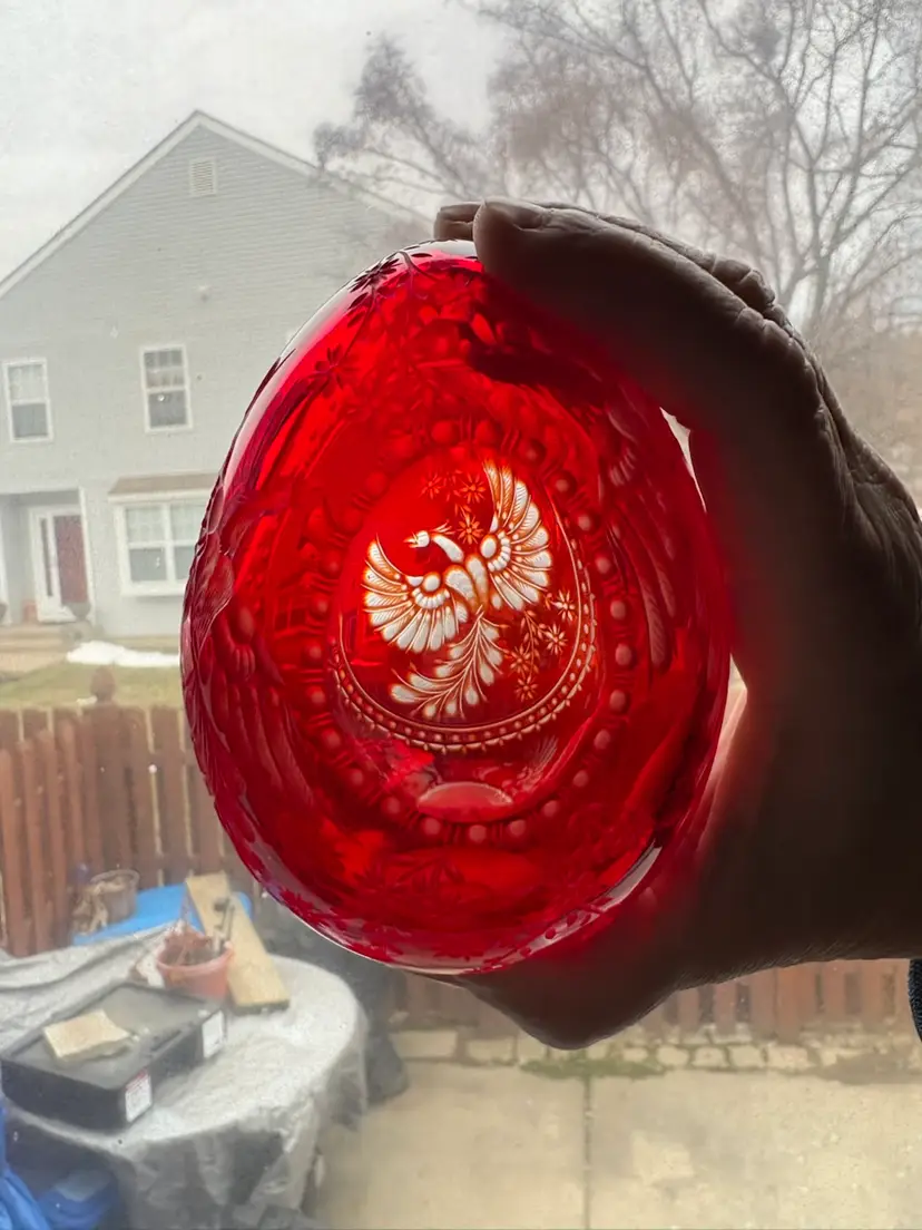 Cranberry Red Cut To Clear Glass Egg Featuring Eagles St Petersburg Russia