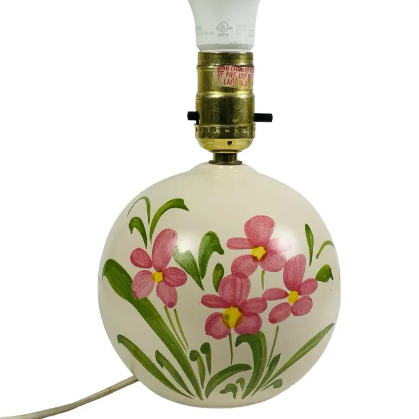 Vintage Ceramic Pottery Hand Painted Beige With Pink Wildflowers Brass Floral Vanity Sphere Ball Lamp Table Botanical Bohemian Retro Made In Taiwan