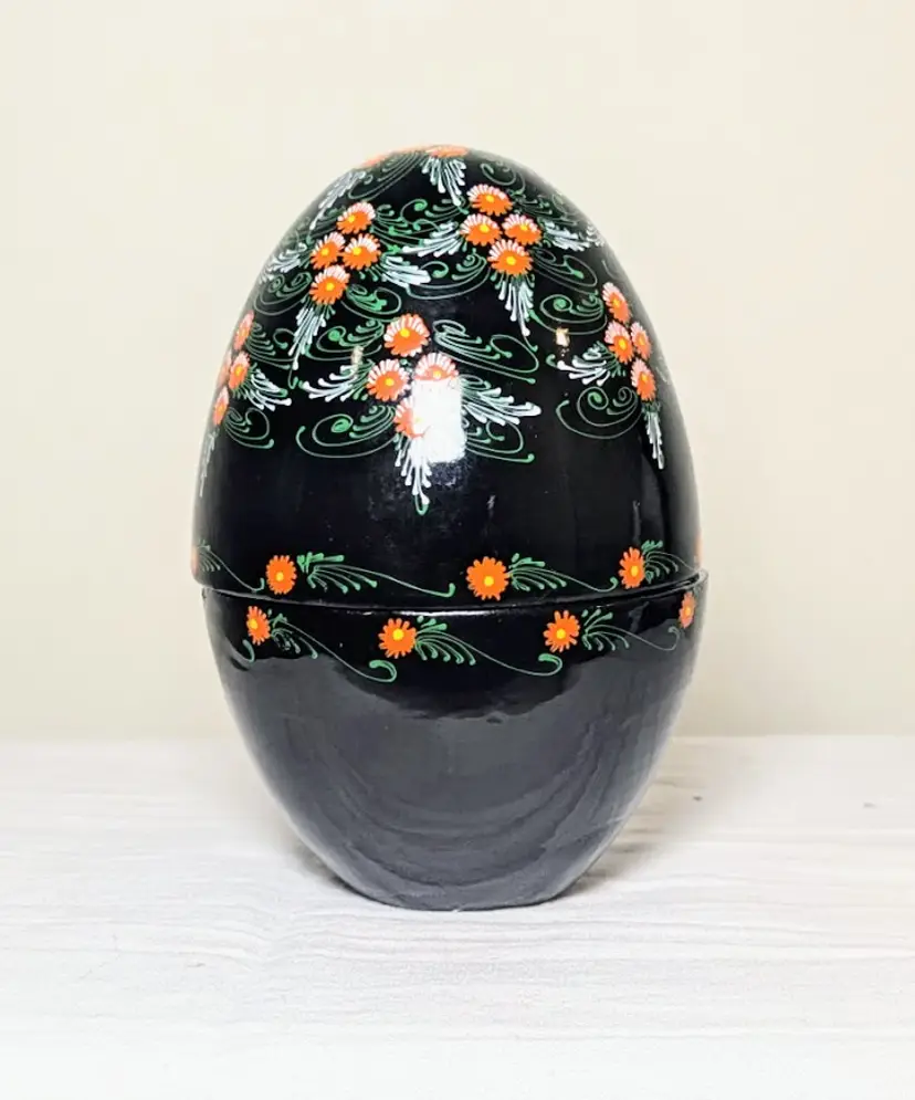 Russian Lacquer Hand Painted Wooden Egg 3" Black with orange flowers