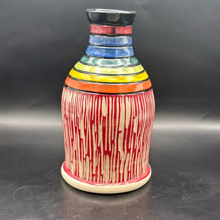Studio Pottery Rainbow With Red And White Texture Bottle Vase -Signed Joyce Foy 2018