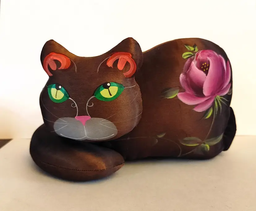 Jan Feenstra brown satin hand painted cat pillow. 1970's. No condition issues.