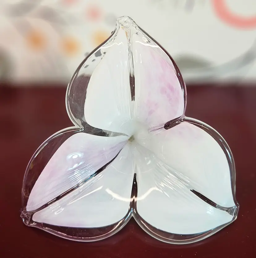 Murano Style Italian Hand Blown Glass Purple & White Iris Flower w/ Stem Decor