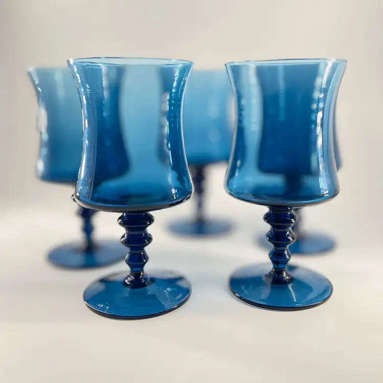 5pc Colony Water Wine Goblet Glass Set Richmond Blue Italy MCM 1960s