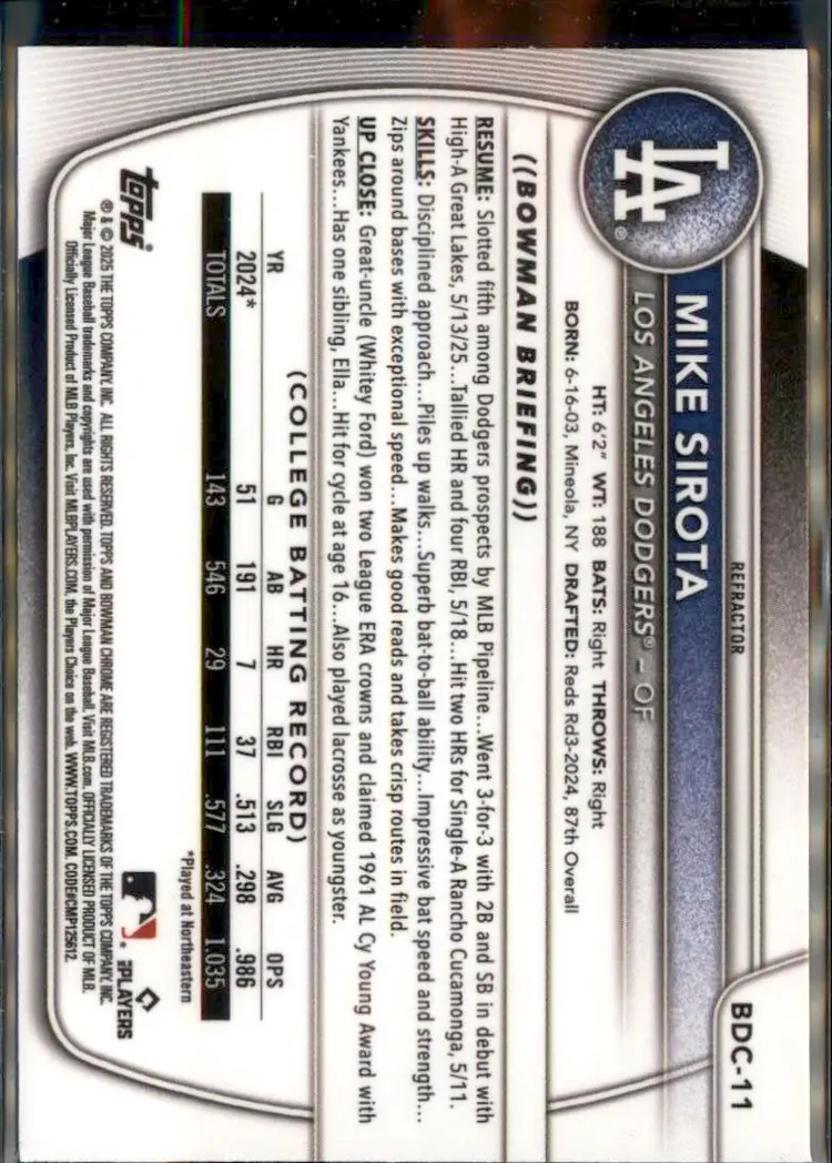 2025 Bowman Draft #BDC-11 Mike Sirota Chrome Refractor - (138) - Los Angeles Dodgers