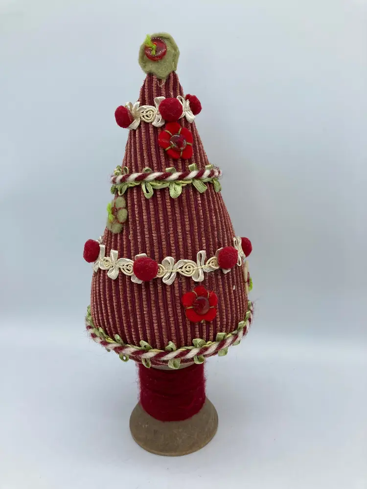 Vintage Handmade Folk Art Fabric Christmas Tree Wood Spool Base 15"