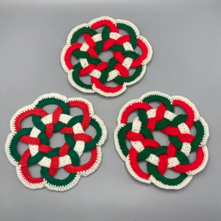 Vintage Handmade Crocheted Christmas Trivets - Set of 3 - 8" across