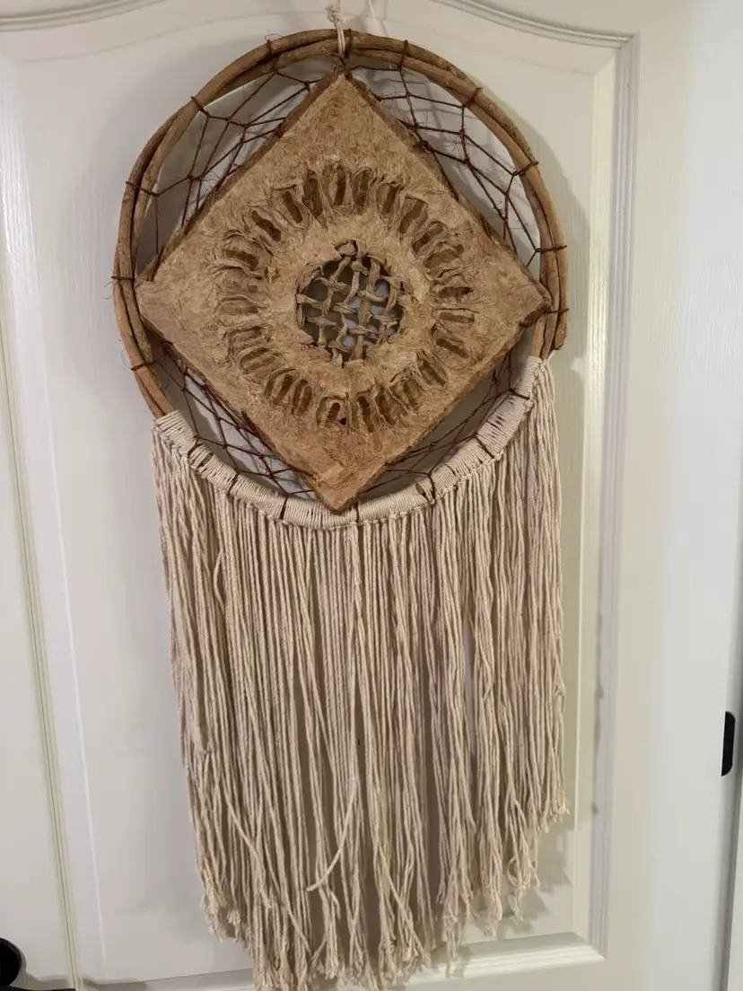 Bohemian Style Macrame Dream Catcher Wall Art; Wood Hoop Frame With Animal Hide Central Square And Long Fringe Detailing