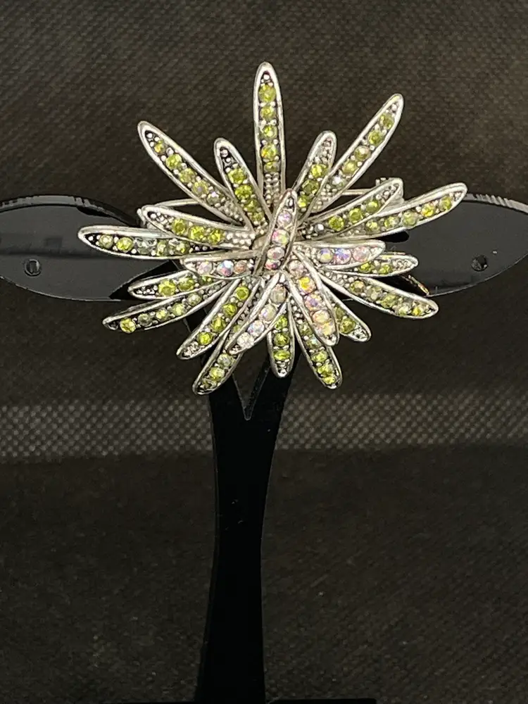 Vtg Starburst Sunburst Atomic Silver Rhinestone Pave Brooch Pin Celestial Bling