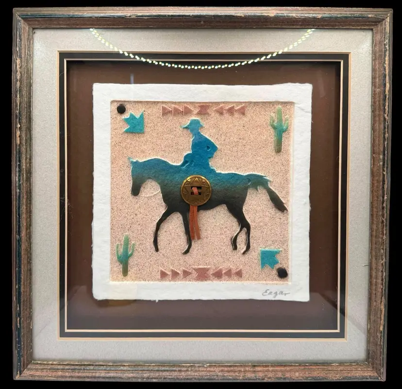 Vintage Figi Art Graphics Framed Hand Cast Paper Southwest Cowboy Pastel 13”