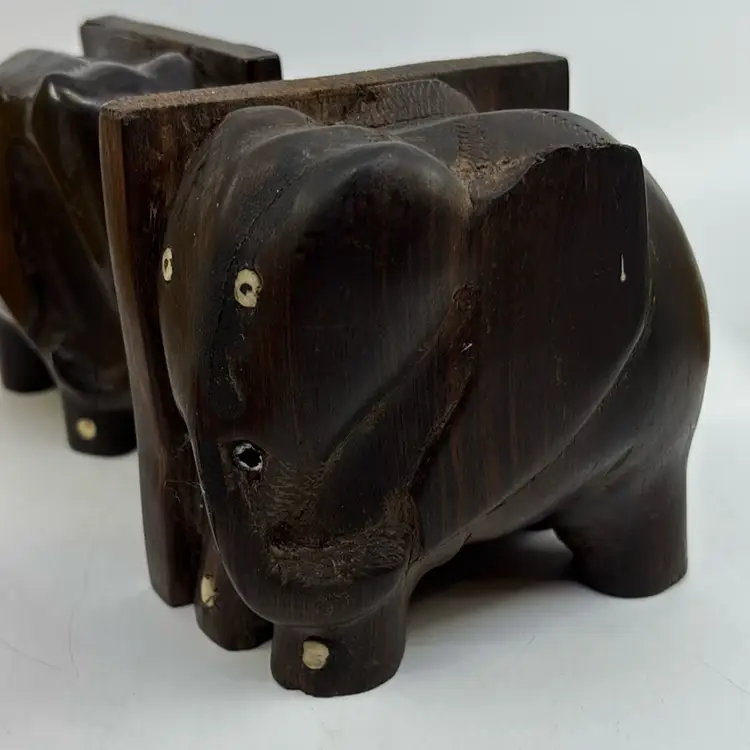 Carved Wooden Elephant Bookends As Is 4H 4W