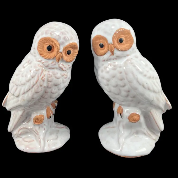 Pair Of UCGC Ceramic White Owl Figurines, Made In Taiwan Redware Terra Cotta White Glazed Owl Figurines