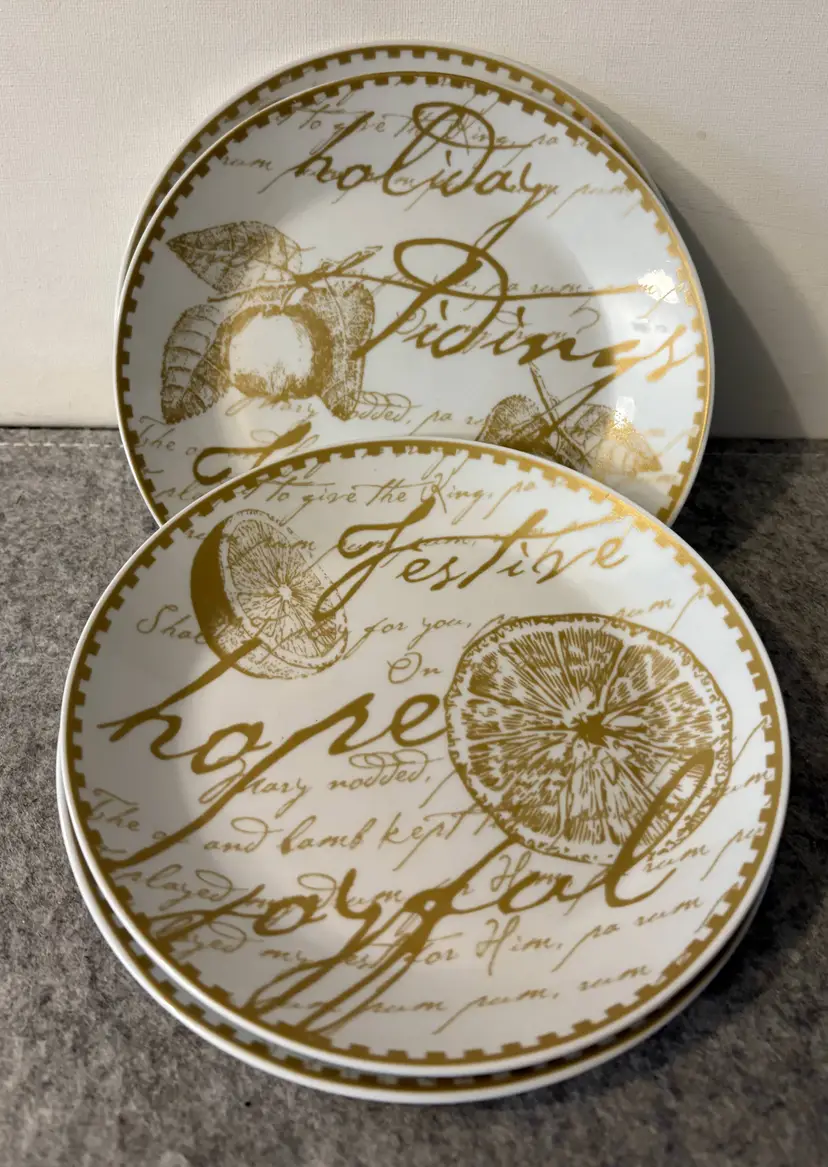 4 Boston Warehouse 6.50" White and Gold Holiday Appetizer Plates #2792