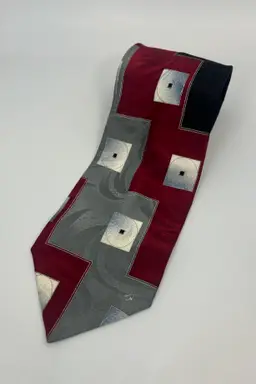 Vintage Pierre Balmain Silk Black Red Gray Geometric Design Tie 58.50" x 4"