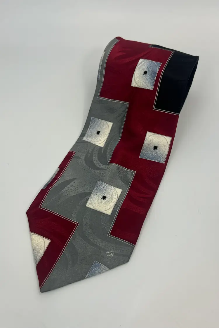 Vintage Pierre Balmain Silk Black Red Gray Geometric Design Tie 58.50" x 4"