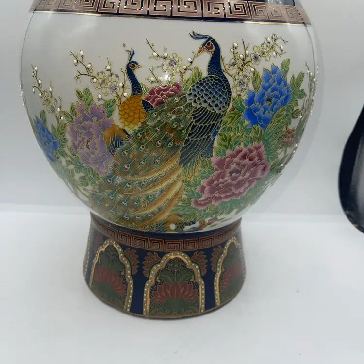 Hand Painted Asian Vase With Peacocks Double Handle 18”