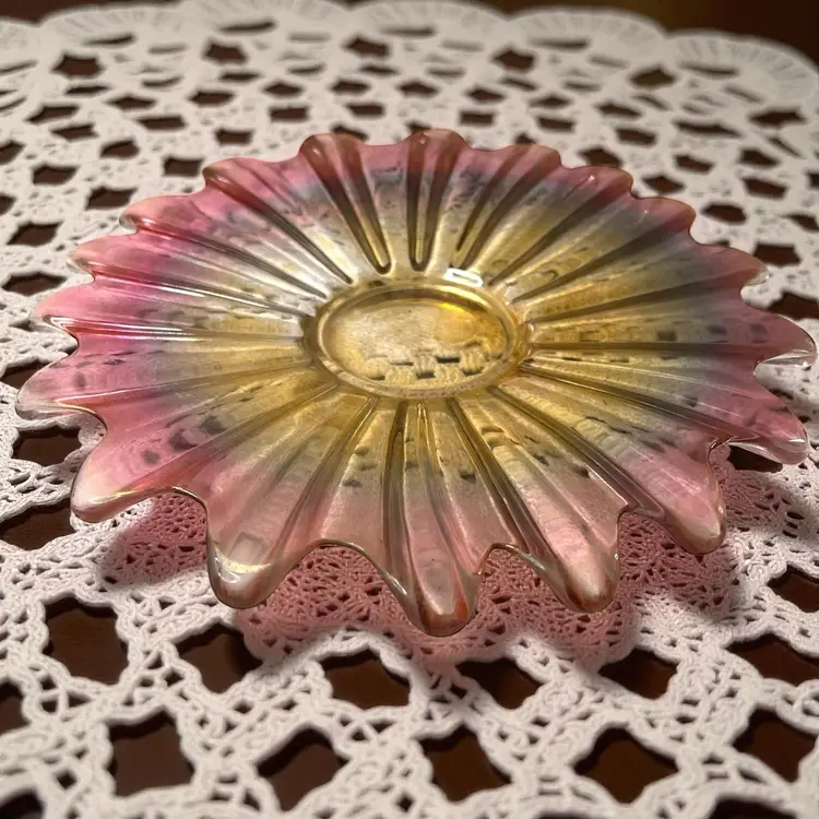002 Antique? Federal glass, carnival, iridescent, pink, blue, yellow flower shape, star sunburst plate platter.