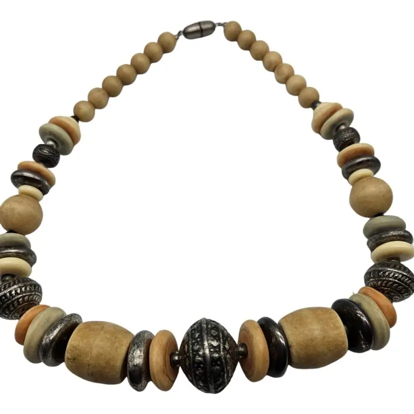 Bohemian Multicolor Wood and Metallic Beaded Necklace