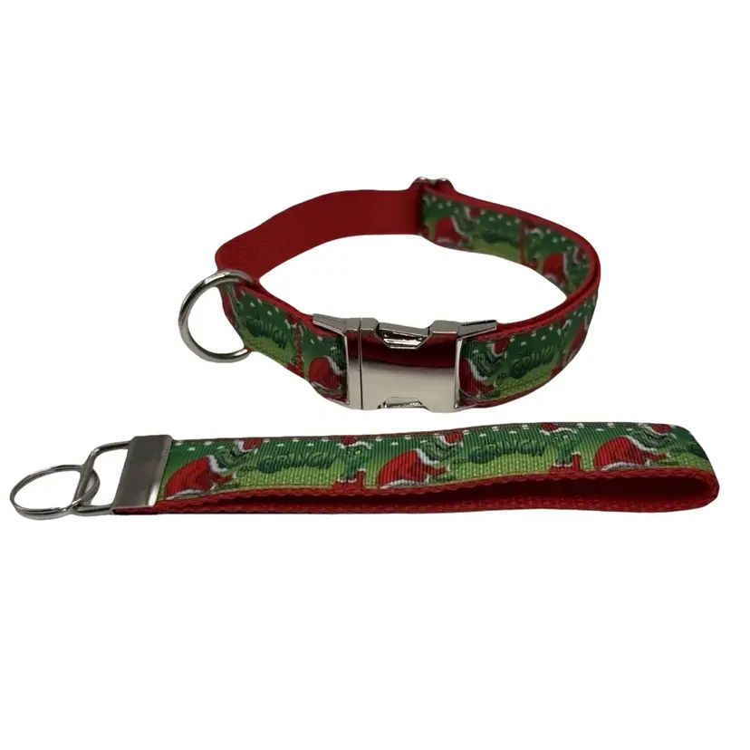 Dog Collar The Grinch Christmas Holiday 
with Matching Keychain Lanyard, Size Large Handmade Heavy Duty W/Buckle NEW