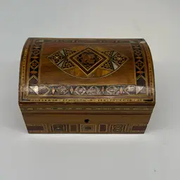 Marquetry Jewelry Box - Vintage Handmade Wooden w Treasure Chest or Shape Hinged Lid